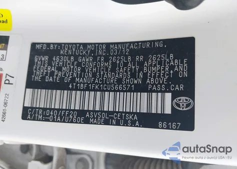 2012 Toyota Camry Se z USA, uszkodzony, nr VIN 4T1BF1FK1CU566571